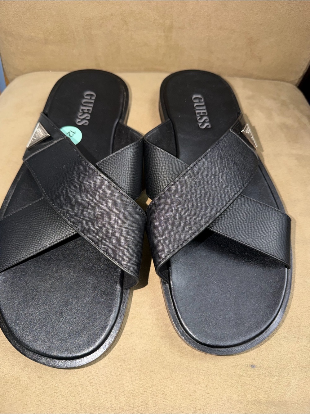 GUESS Black Crisscross Slide Sandals with Logo Accent